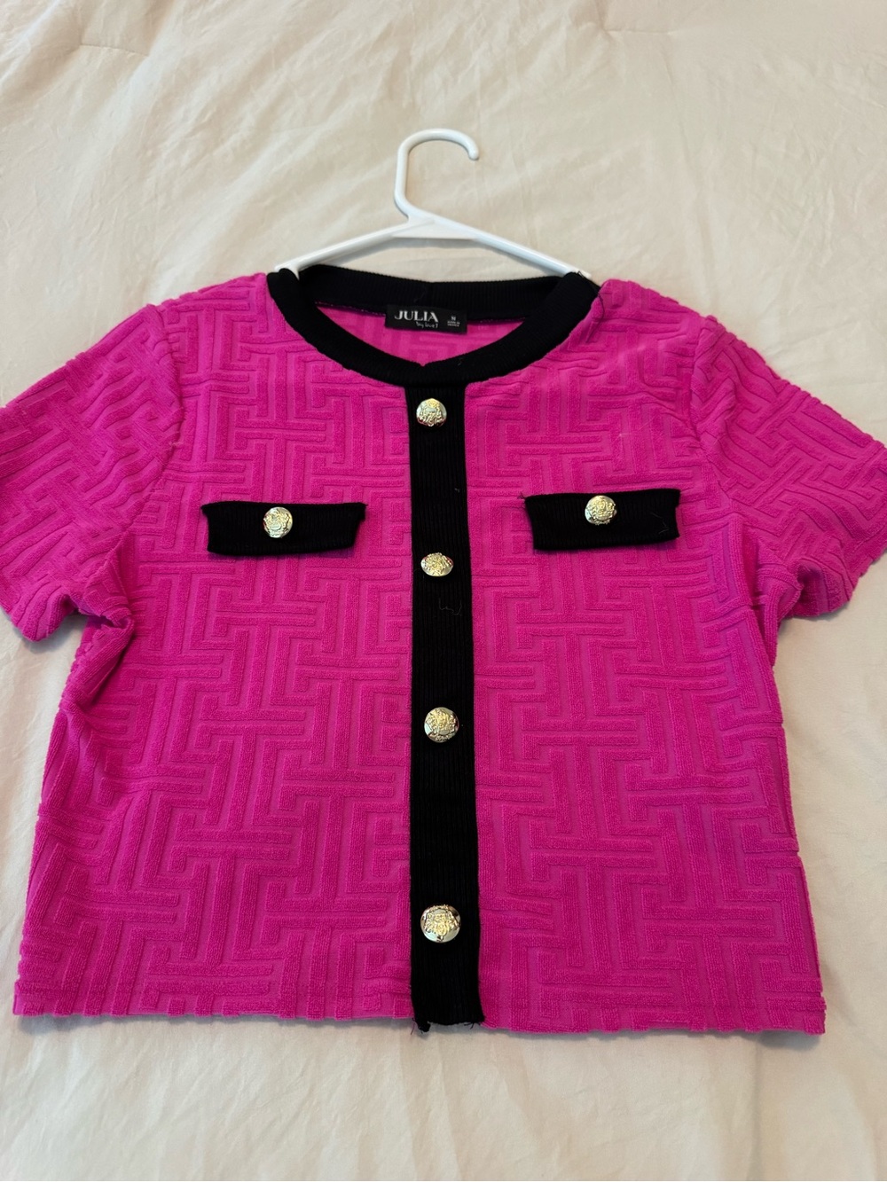 Kids Fuchsia Short-Sleeve Button Cardigan with Black Trim